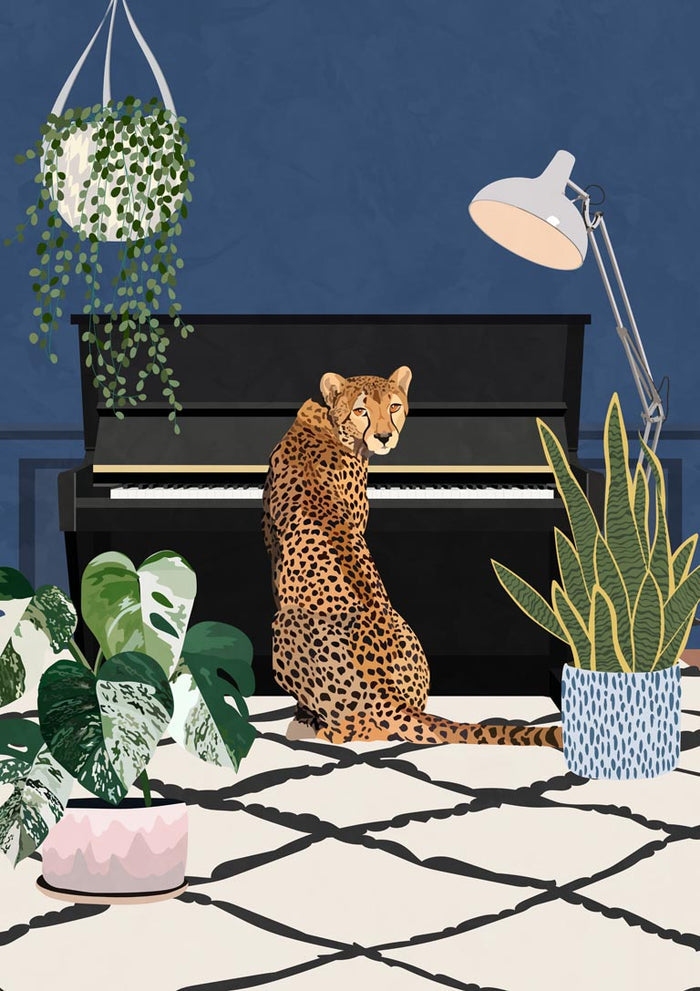 Illustration of a cheetah sitting at a piano with houseplants, featured on the "Cheetah playing piano" product page.
