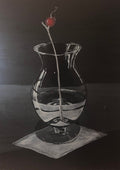 Cherry on the top by Jenyliza Kleemeyer - one red cherry on a bare stem in a glass vase of water against near-black