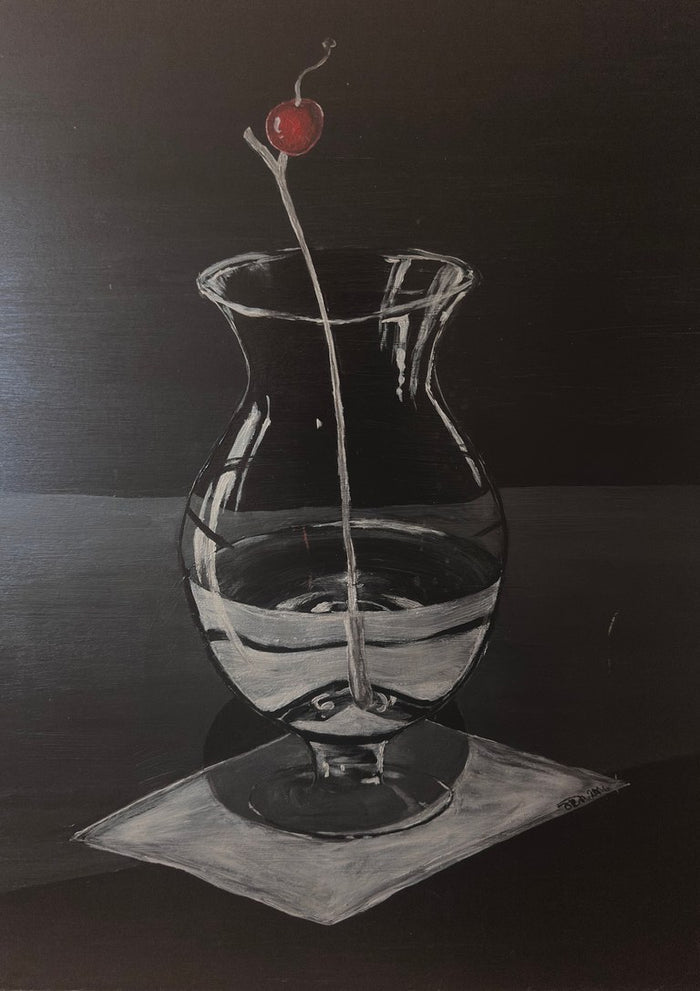 Cherry on the top by Jenyliza Kleemeyer - one red cherry on a bare stem in a glass vase of water against near-black