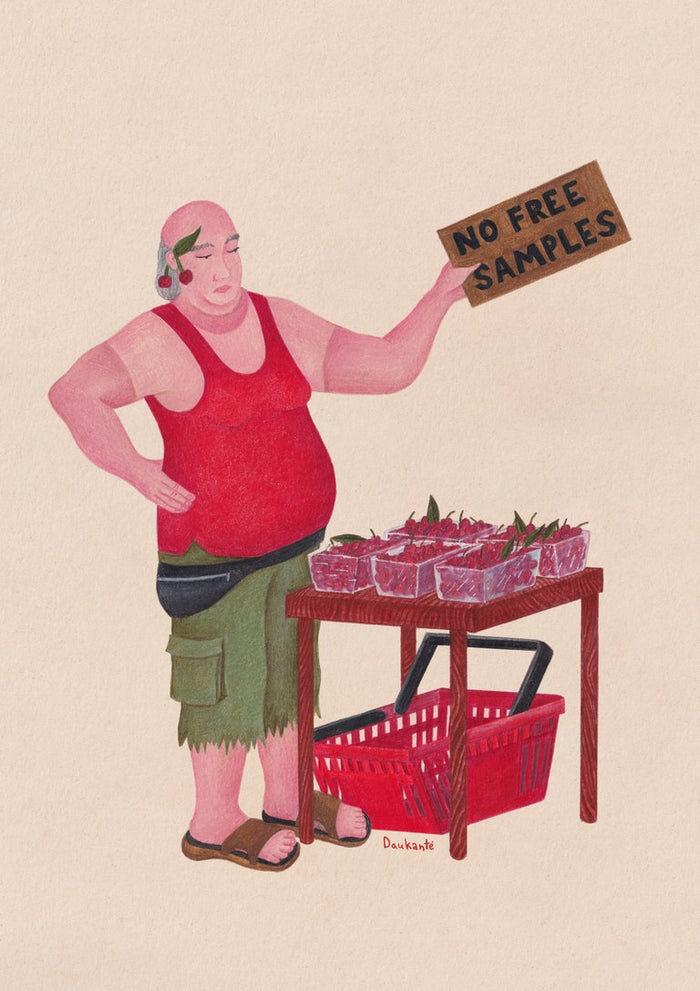 Cherry side hustle by Daukantė - man at a cherry stall holding a No Free Samples sign