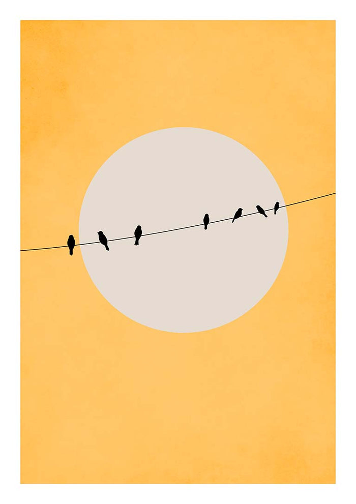 Minimalist art of birds perched on a wire against a large sun, Chirping and Chilling by Boris Draschoff.