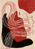 Abstract Christmas-themed art with flowing red, black, and cream shapes and lines on a beige background.