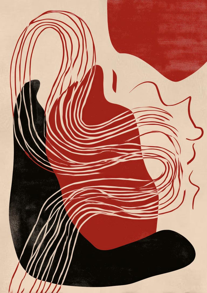 Abstract Christmas-themed art with flowing red, black, and cream shapes and lines on a beige background.