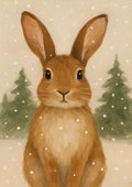Illustration of a brown bunny in falling snow with pine trees, perfect for Christmas Bunny decor.