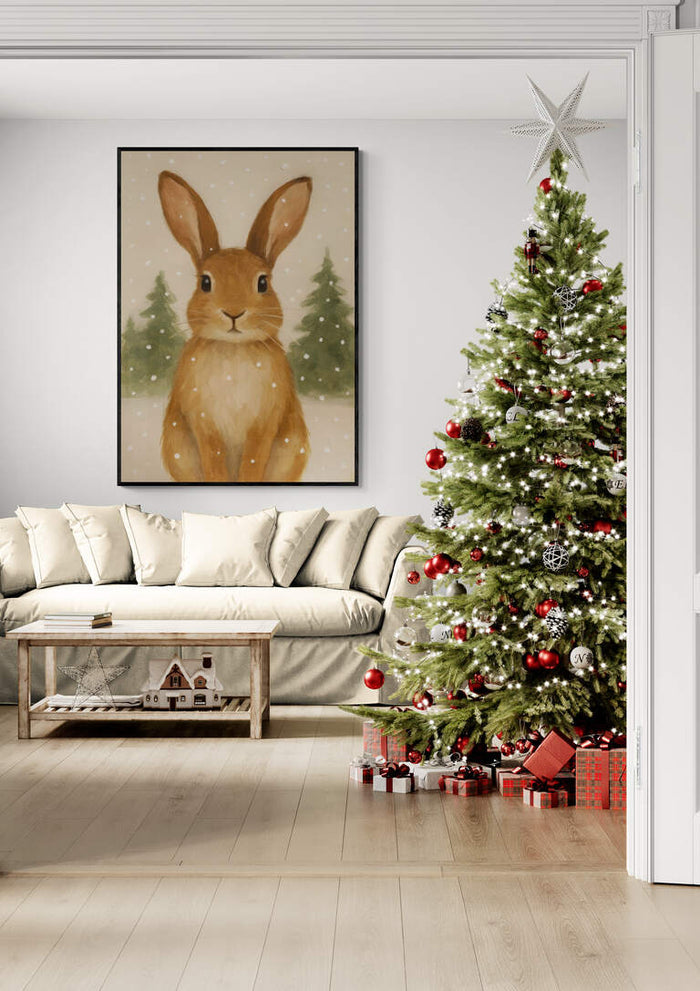 Festive living room with a Christmas tree and a framed bunny art, perfect for a cozy holiday atmosphere.