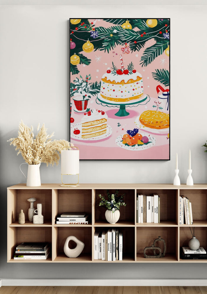 Framed art of festive Christmas cakes and holiday décor hanging above a modern wooden shelf in a cozy room.