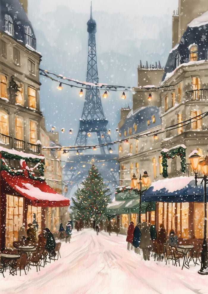 Festive Paris street with Christmas lights, Eiffel Tower in background, snowy cafes, and decorated tree.