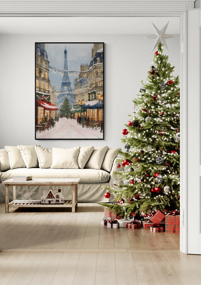 Festive living room with a Christmas tree and gifts, Paris Eiffel Tower painting on the wall in the background.
