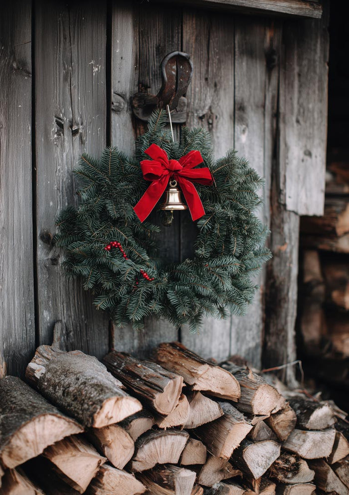 Christmas wreath with a red bow and bell hanging on a rustic wooden wall above stacked firewood.