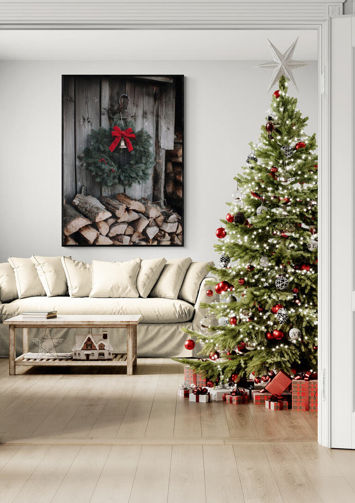 Living room with a Christmas tree, gifts, and a wall art featuring a wreath and stacked firewood.
