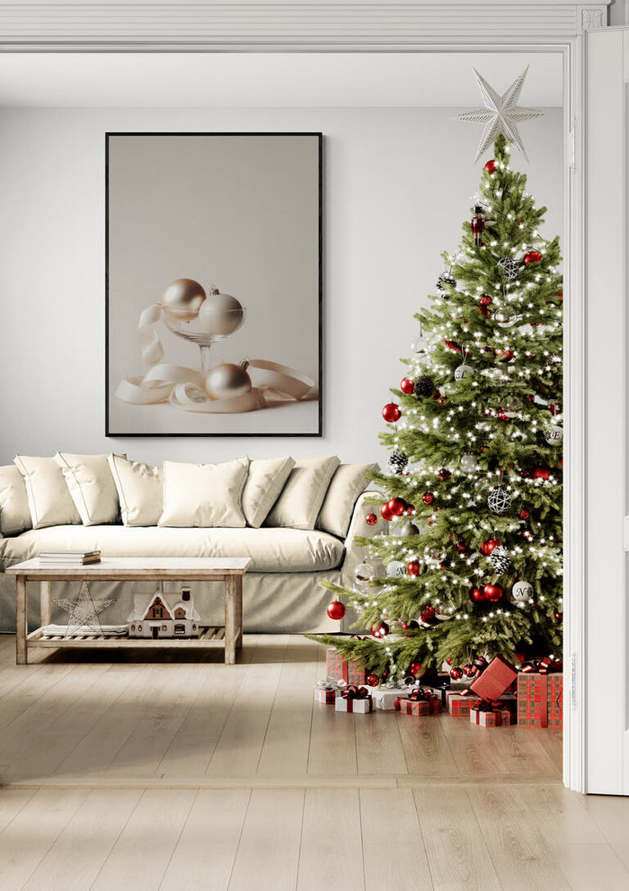 Decorated Christmas tree with glass balls, surrounded by gifts in a cozy living room setting.