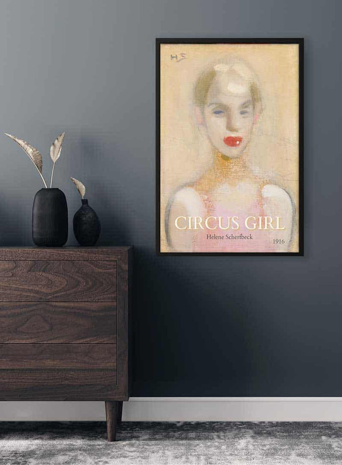 Framed Circus Girl - Helene Schjerfbeck, 1916 art print hanging on a dark wall above a wooden dresser.