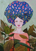 Illustration of a woman with colorful, patterned hair standing among leafy branches; cover art for Claire by Sylvie Demers.