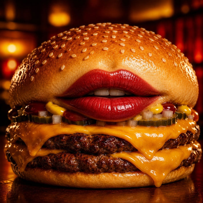 Classic Hunger by Devour Art - glossy red lips inside a double cheeseburger under warm bar light