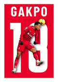 Poster of Cody Gakpo in a Liverpool kit heading a ball, with his name and number 18 on a red background.