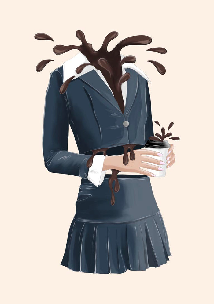 Coffee Overload poster by Lisen Vennesland with a woman in a navy suit and a coffee splash instead of a head