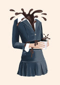 Coffee Overload poster by Lisen Vennesland with a woman in a navy suit and a coffee splash instead of a head