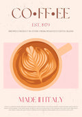 A cup of latte art coffee in a ceramic mug, viewed from above. Text reads: Made in Italy, brewed freshly in store.