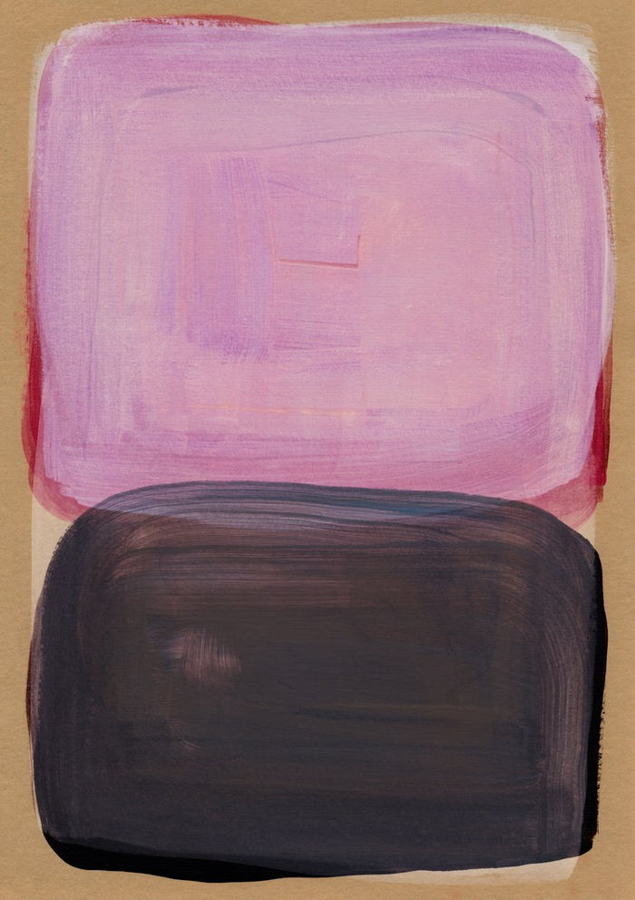 Color Shapes 3 by Mareike Böhmer - a lilac-pink shape above a charcoal block on bare ochre paper