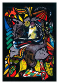 Abstract colored shapes and patterns on a black background, featured as Colored Collage Plakat wall art.