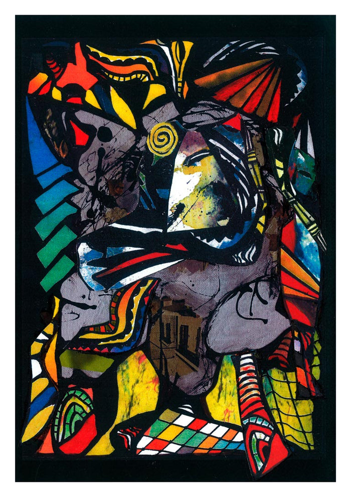 Abstract colored shapes and patterns on a black background, featured as Colored Collage Plakat wall art.