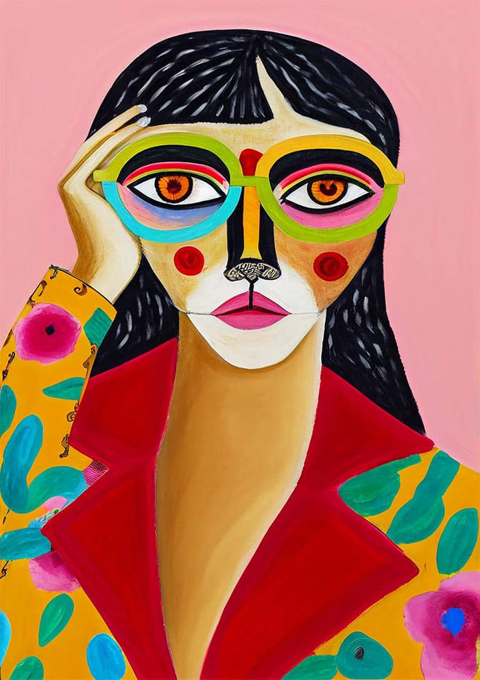 Abstract portrait of a woman with glasses, colorful patterns, and bold shapes from Colorful Thoughts by David Wolf.