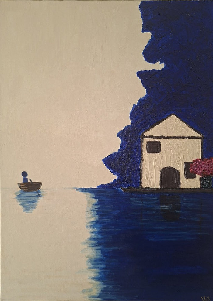 Coming Home by Naïve Art by YLR - a figure rowing a boat near a cream house beneath towering cobalt blue foliage