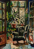 Conservatoire by Mariam De Giorgio - green armchair among potted plants in a sunlit conservatory