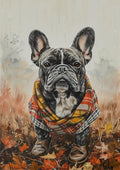 French Bulldog wearing a stylish plaid poncho and boots, standing outdoors among autumn leaves.