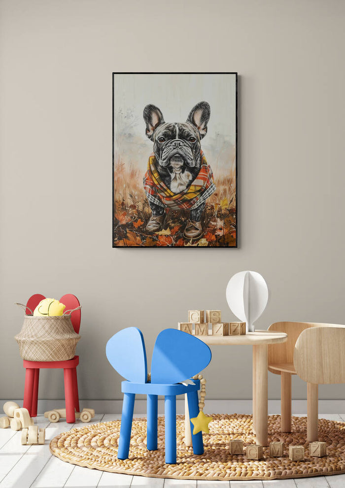 Wall art of a French Bulldog wearing a colorful poncho, displayed in a stylish kids’ playroom setting.