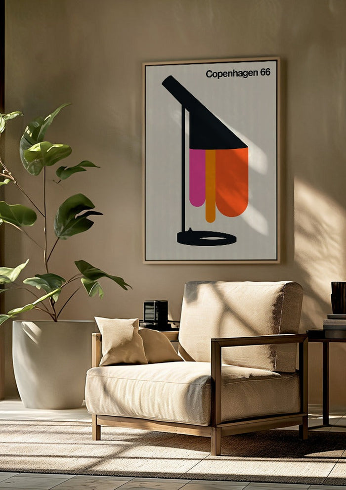 Copenhagen 66 by Bo Lundberg framed above a beige armchair beside a potted plant