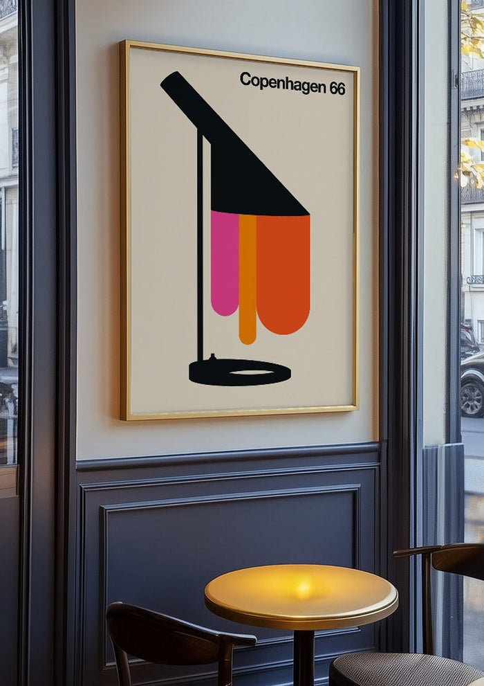 Copenhagen 66 by Bo Lundberg in an oak frame on a panelled café wall