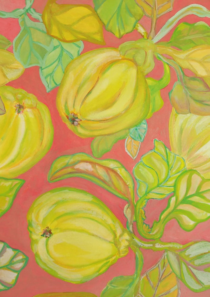 Cotogna con foglie by Maria Emanuela Fiori - yellow quinces among green and ochre leaves on coral pink