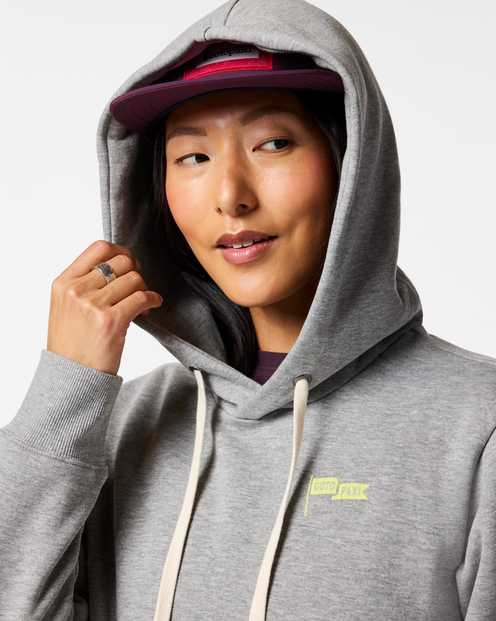 Cotopaxi Flag Pullover Hoodie - Women's, Heather Grey, Model Tiff