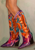 Cowboy Boots by Art By Biba - tall orange and magenta western boots with teal inlay on washed sage green