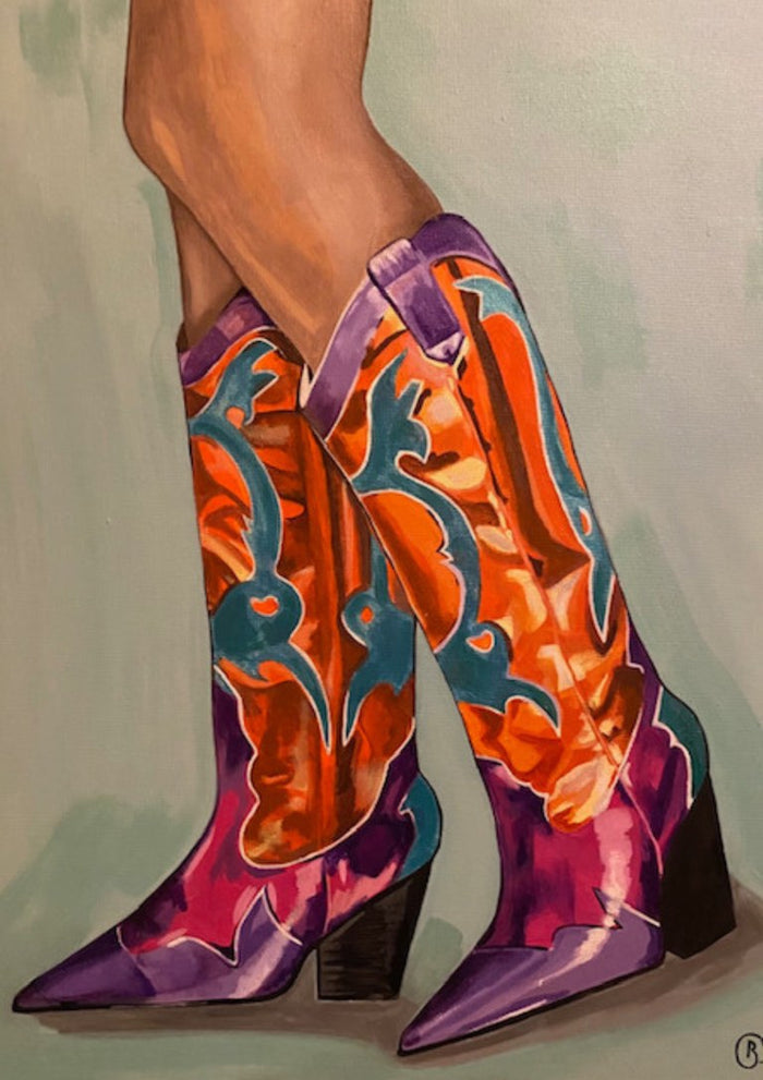Cowboy Boots by Art By Biba - tall orange and magenta western boots with teal inlay on washed sage green