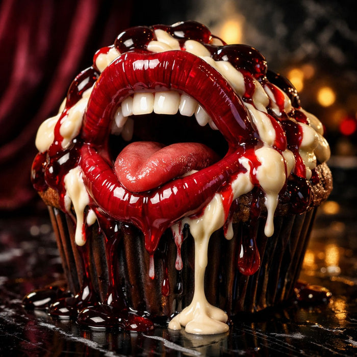 Craving Overflow by Devour Art - a chocolate cupcake with a fanged red mouth running with syrup and cream