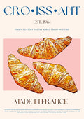 Three golden croissants on a pink background with text reading "Croissant, Made in France, Est. 1961".