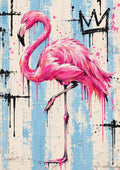 Crowned Flamingo by Matthews Gallerie - a pink flamingo in dripping street-art paint below a black graffiti crown on a striped wall