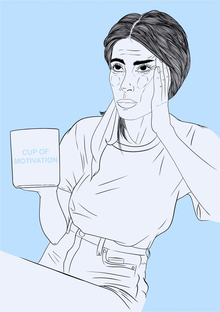 Cup of Motivation poster by Lisen Vennesland with a line drawn woman holding a large mug on a blue background