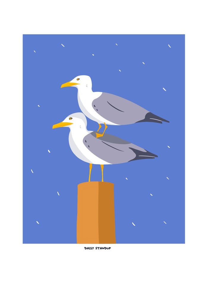 Daily Standup by Jakob Falkenberg - two seagulls stacked on an orange post against a blue sky