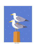 Daily Standup by Jakob Falkenberg - two seagulls stacked on an orange post against a blue sky