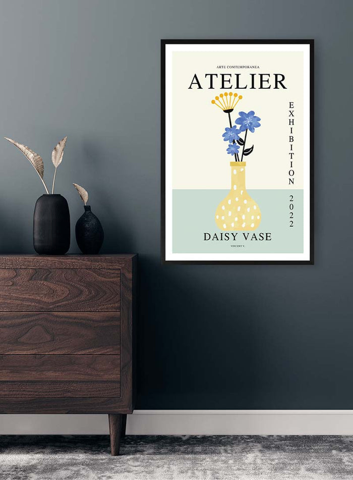 Framed Daisy Vase No3 - Vincent V print hanging on a dark wall above a wooden dresser with vases.
