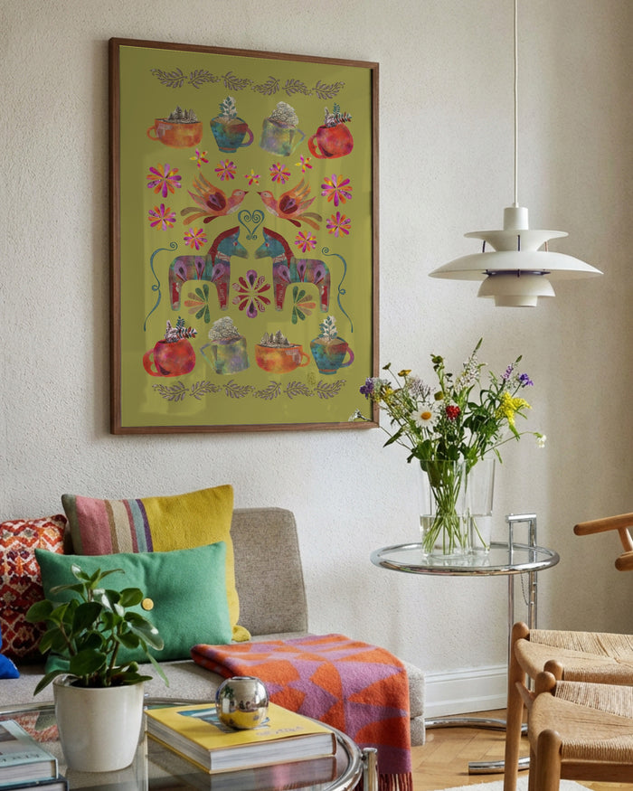 Dala Horse Pistachio by Enikő Marosváry-Kramcsák framed in a bright living room
