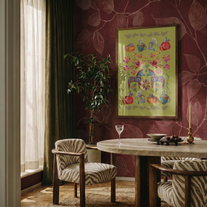 Dala Horse Pistachio by Enikő Marosváry-Kramcsák framed on a deep red patterned wall