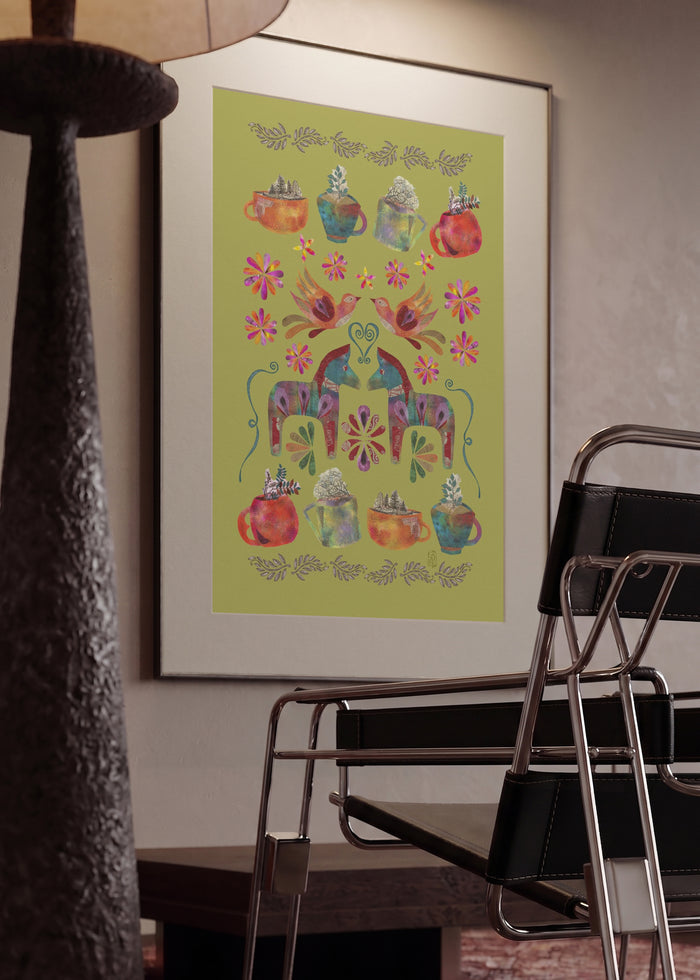 Dala Horse Pistachio by Enikő Marosváry-Kramcsák in a mounted frame in a modern interior