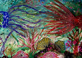 Dancing with the Tide by Debbie Seenan - flowing cobalt and crimson strands over shells and coral on turquoise