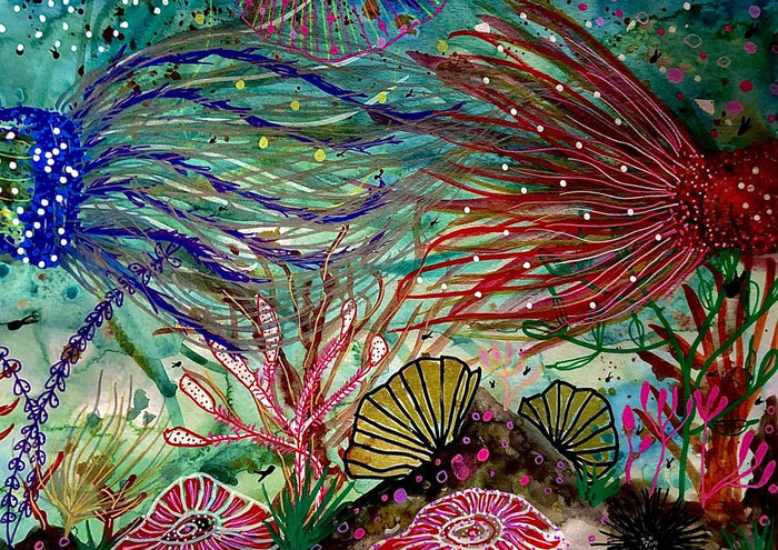 Dancing with the Tide by Debbie Seenan - flowing cobalt and crimson strands over shells and coral on turquoise