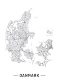 Minimalist line map of Denmark with roads and cities, titled "Danmark," shown on a white background.
