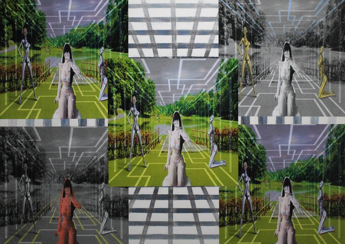 Day and night by Kaiser - a veiled bride between two chrome female robots on a green lawn, repeated in colour and grey panels